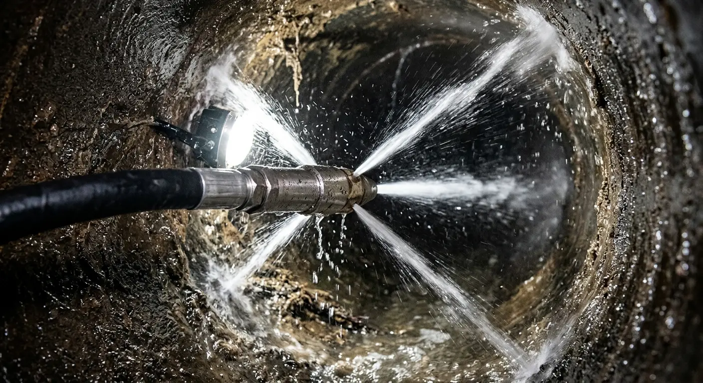 High-pressure hydro jetting nozzle cleaning sewer pipe for Sewer Cleanout in East Haddam