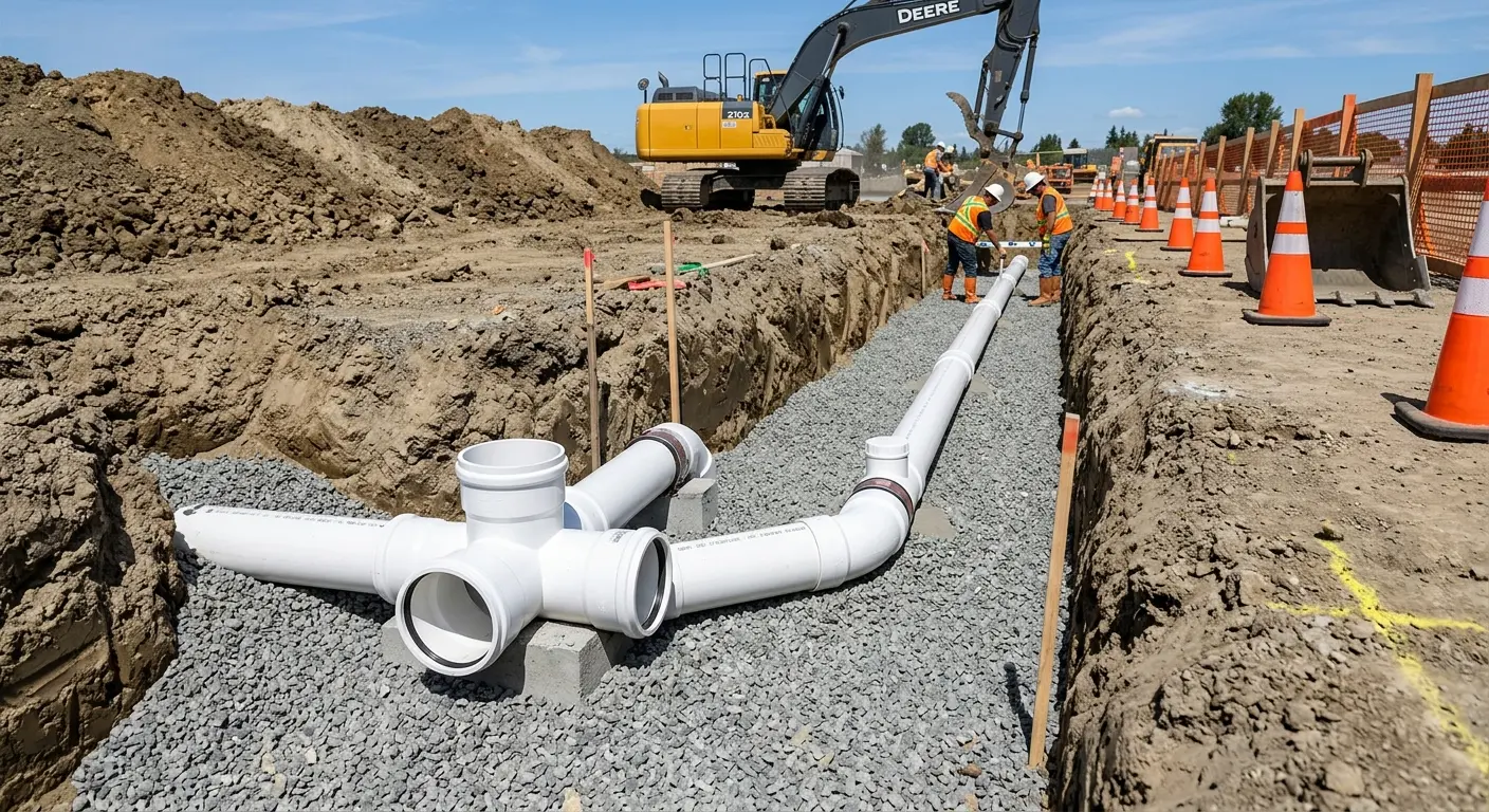 New PVC sewer pipe installation in open trench for Commercial Drain Cleaning in East Haddam