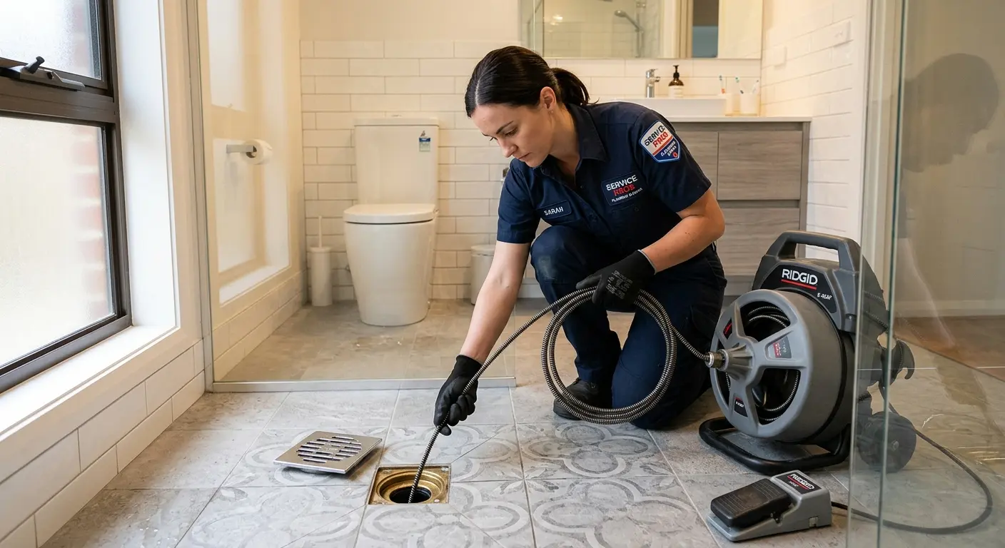 Technician clearing a bathroom floor drain for Clogged Drain Repair in East Haddam